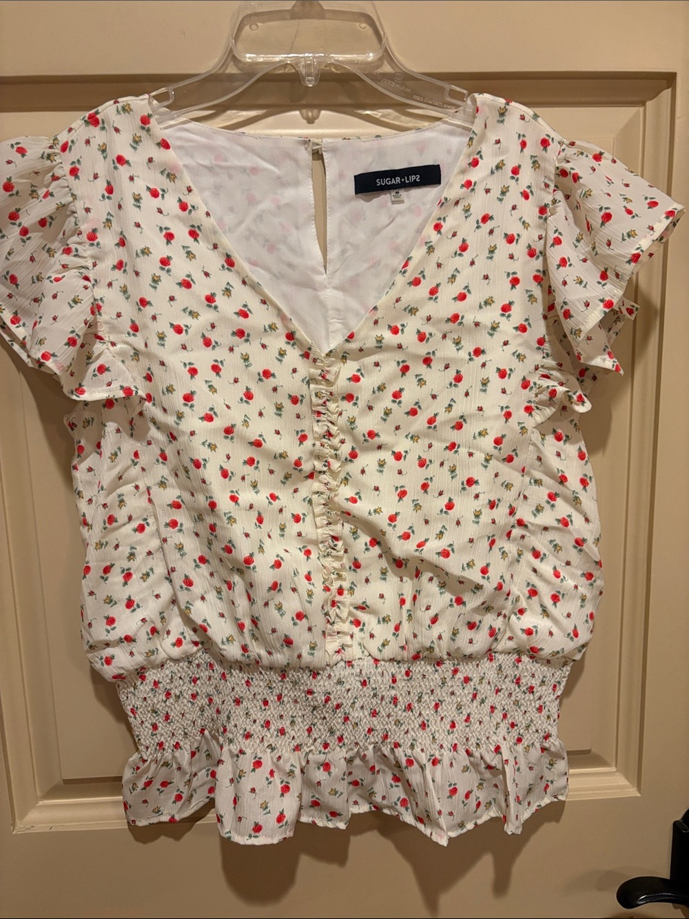 Sugarlips White Floral Ruffle Sleeve Smocked Peplum Top